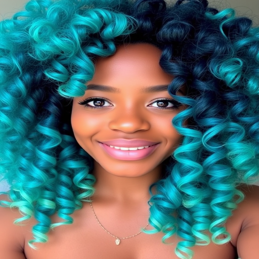 Vibrant teal and turquoise ombre hair in a voluminous curly afro style known as "Ocean's Crown" features springy coils that seem to defy gravity, with subtle hints of sea foam green and deep navy blue highlights interspersed throughout the lush, bouncy curls, creating a dynamic and eye-catching look reminiscent of crashing waves and tropical waters