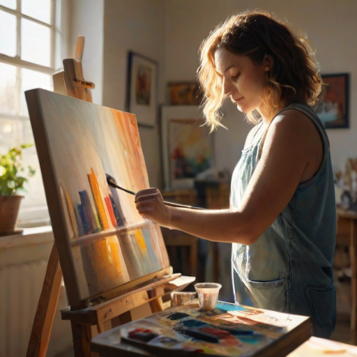 Warmly lit photo of an artist painting on a canvas in a sunlit studio, soft natural light illuminating the vibrant colors and brushes scattered across the table.