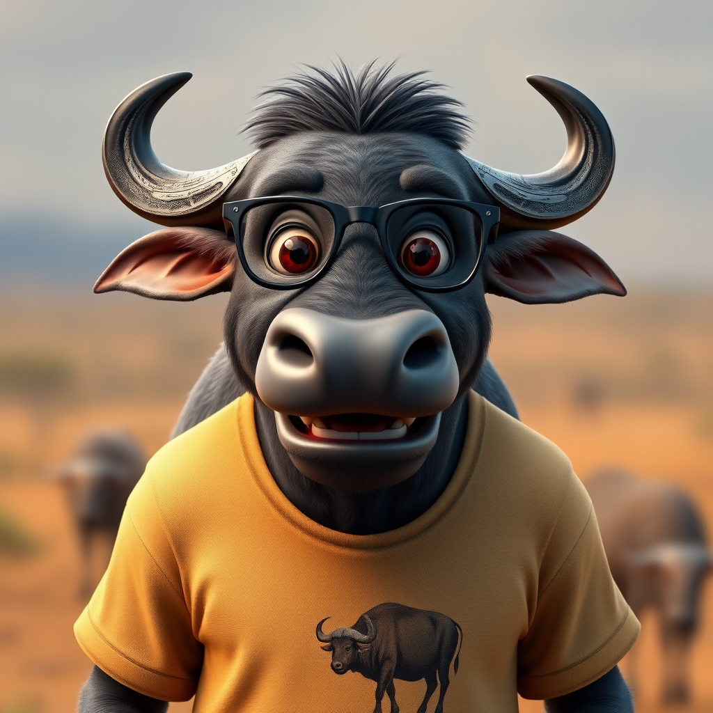 Hyperrealistic 3D render of a smiling cartoon Cape Buffalo wearing glasses and a beige t-shirt with a smaller buffalo image printed on it, missing some teeth, set against a blurred African savanna background, detailed fur, 8k resolution, octane render, artstation trending.