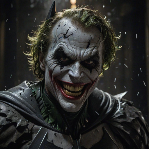 Merging elements of Batman and The Joker, this character portrays an evil, maniacal laughter, a sinister grin, and piercing eyes, accompanied by inhumanly sharp fangs. In a half-body portrait, Batman appears maniacal, gazing into a shattered mirror, his image rendered in Todd Phillips' unique style. The scene exudes an atmosphere of darkness, horror, and intense drama, with dramatic lighting and high-quality, hyper-realistic visuals. Inspired by the style of illusory wallpaper portraits, the image showcases colorful realism, exceptional attention to detail, and intricate hidden elements. The UHD, 8K resolution delivers a stunning image, combining realism and vibrant colors for an immersive, intense experience.