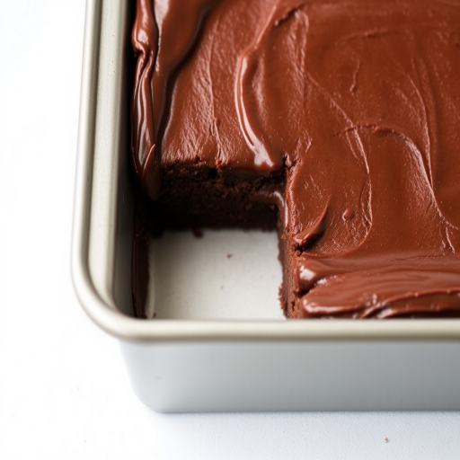A close-up view of a rectangular chocolate dessert in a metal baking pan with a piece missing, glossy frosting on top, and a light background.