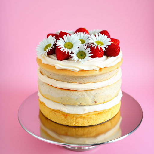 A beautifully decorated three-layer cake with cream frosting topped with fresh strawberries and daisies on a silver cake stand with a soft pink background.