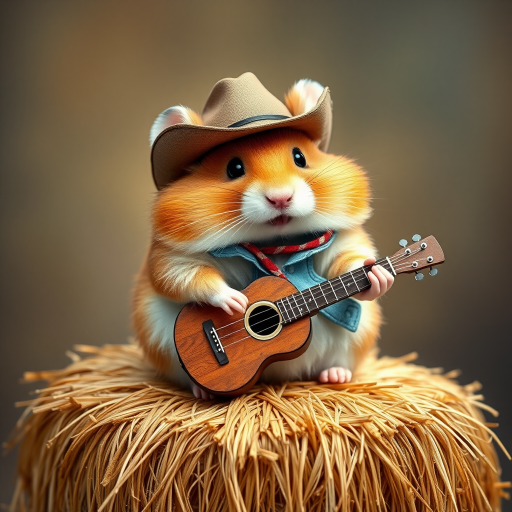 A chibi hamster, dressed as a cowboy, playing guitar, sitting on a hay bale