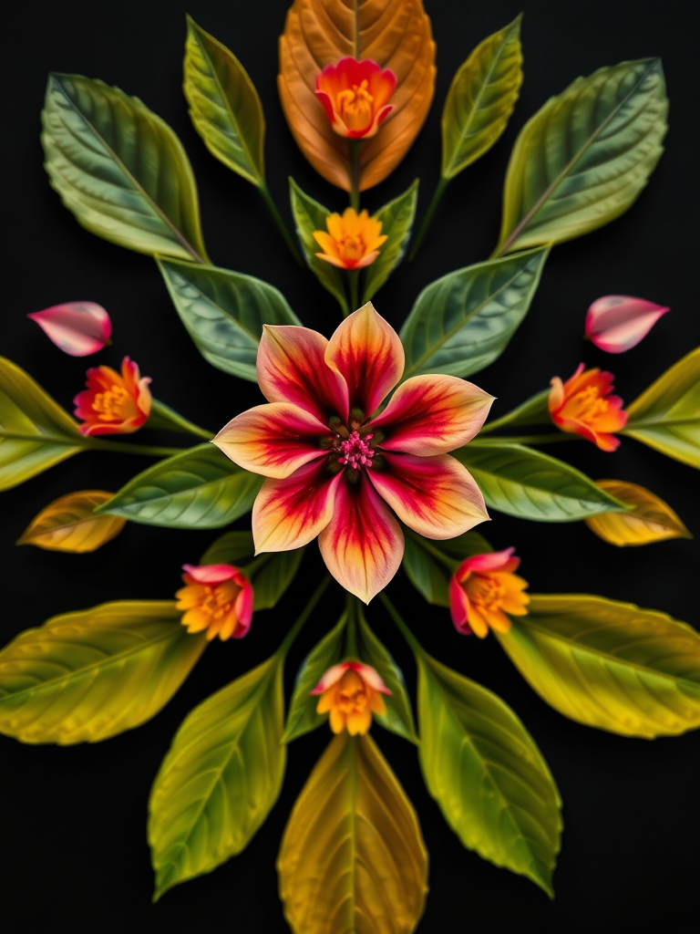 Create a vibrant floral design with a central flower and symmetrical leaves on either side against a black background, taken with a DSLR camera at f/8 aperture, ISO 200, 50mm lens, in natural light, with a macro view to enhance details and texture.