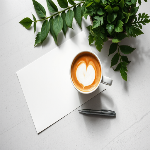 A flat lay scene featuring a blank sheet of paper, a cup of latte art coffee, a green plant, and a silver pen, captured with a Canon EOS 5D Mark IV at f/2.8, shutter speed 1/60s, ISO 100, natural light highlighting textures, soft focus background for depth.