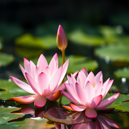 Create a high-resolution image of pink water lilies with two buds on a transparent background, shot in natural light using a DSLR camera with a 50mm lens at f/2.8, ISO 100, and a shallow depth of field to emphasize the flowers.
