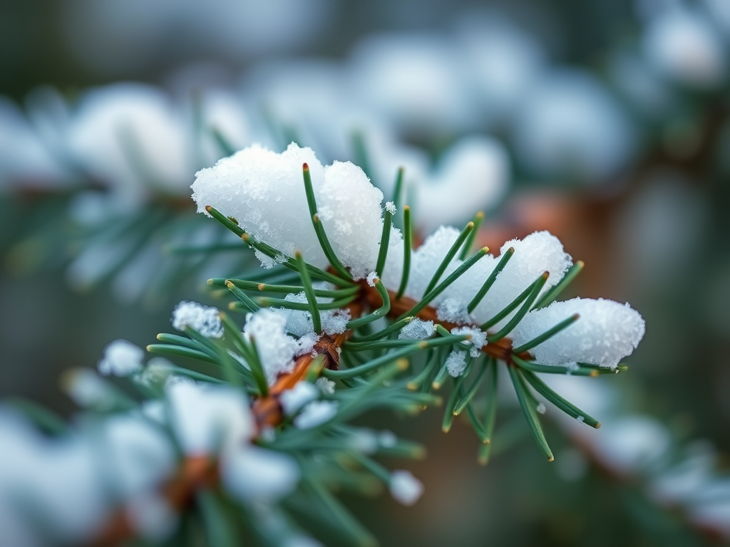 Capture a close-up of snow-covered pine needles with a shallow depth of field, using a DSLR camera at f/2.8, ISO 100, 1/200 sec, in natural daylight with a macro lens for enhanced detail.