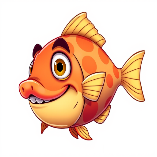 Create a detailed illustration of a cartoonish fish with exaggerated features, vibrant colors, and playful expressions, using a DSLR camera with a 50mm lens, f/2.8 aperture, ISO 100, shot from a three-quarter angle, in high-resolution to enhance clarity and depth.
