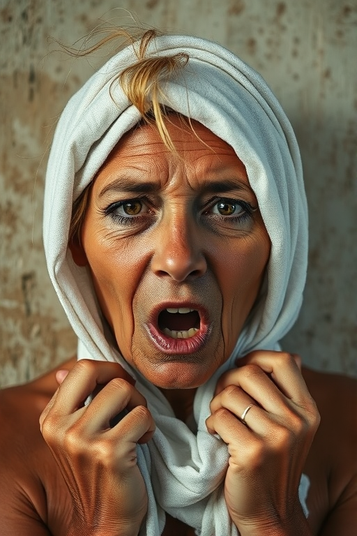 Create a close-up photographic image of a Aboriginal Australian woman with light skin tones shown against an old, worn wall. Their head is wrapped in a white cloth covering (i.e.... parts of the head except the nose and mouth, which are open as if they are screaming...), with a slight texture and visible folds in the fabric. Thin strands of blonde hair escape from the wrapping above, falling lightly at the top and sides. Their hands hold the fabric as if they are tugging nervously. The lighting is dramatic and even, casting strong shadows. The image has a minimalist and surreal style with an emphasis on simplicity with soft color tones. The composition is centered.