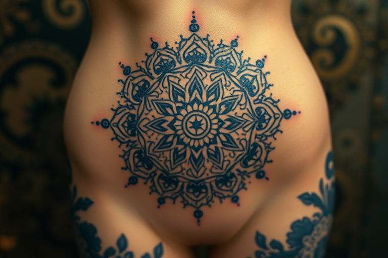 Regal body tattoo showcasing an ornate mandala design encircling the navel, adorned with intricate dotwork and sacred geometry in deep indigo and gold
