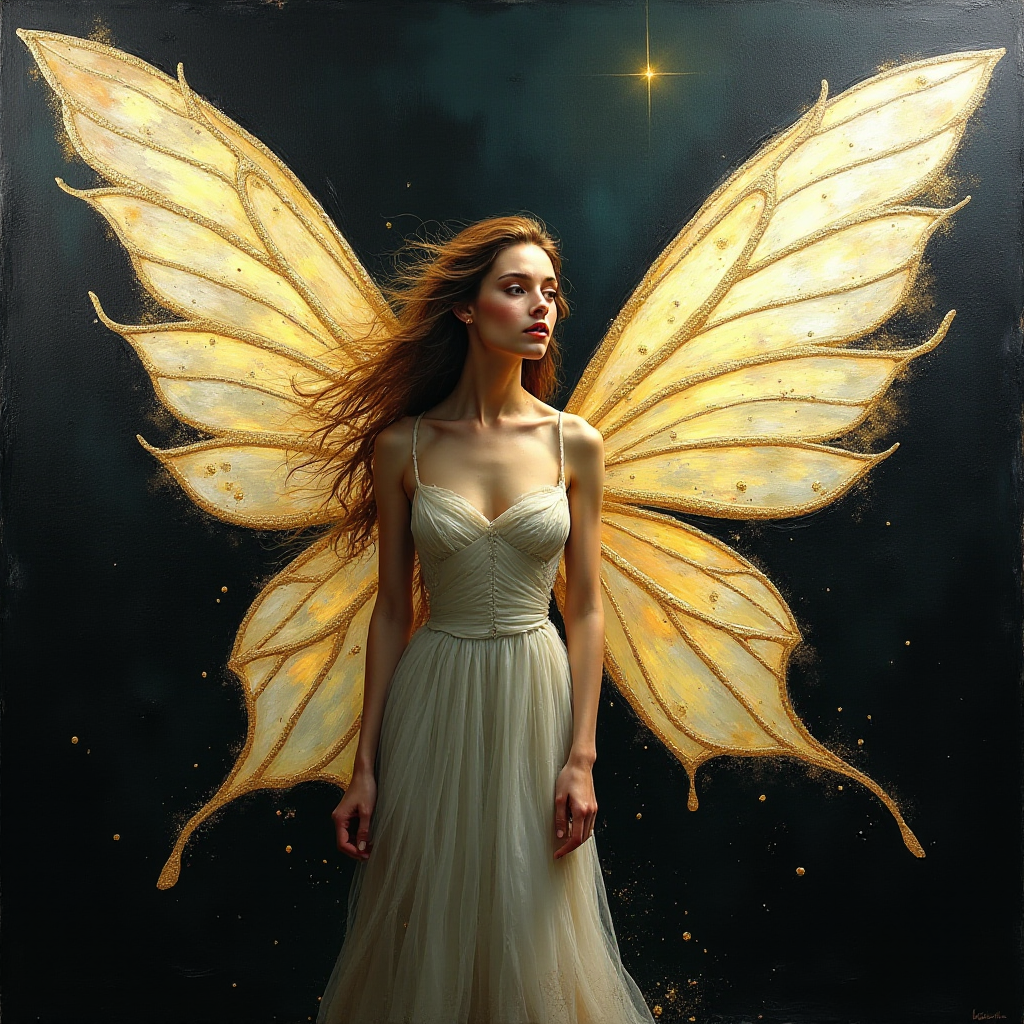 Palette knife oil painting, featuring an elegant feminine fairy with enormous translucent wings, high contrast, impasto texture, with chiaroscuro and dramatic shadows and shining Gold Foil highlights