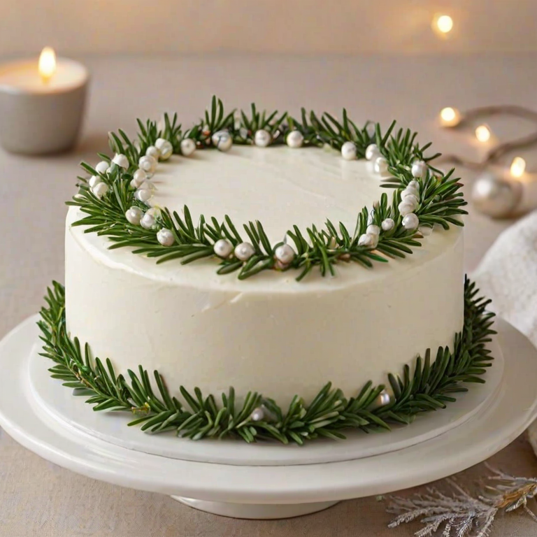 Generate an image of a round cake with a smooth white frosting on top. The cake is decorated with small edible pearls and topped with a sprig of evergreen. The setting is festive, with a neutral background that suggests a winter or holiday theme.