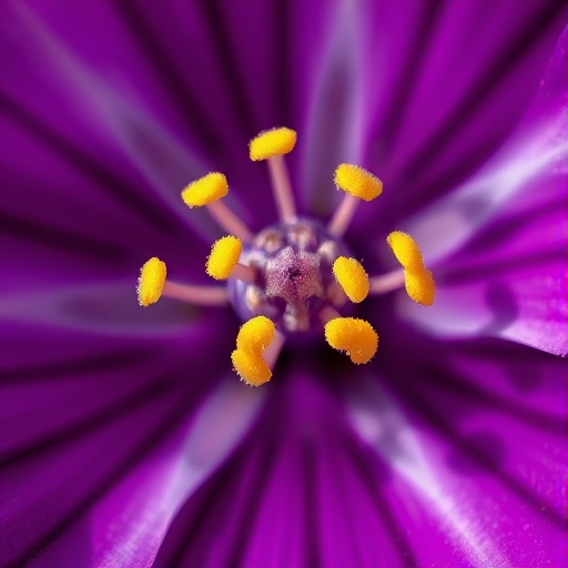 Close-up of a vibrant purple flower's center with detailed yellow stamens, macro photography, aperture f/2.8, shutter speed 1/200s, ISO 100, 100mm macro lens, soft focus background, natural light.