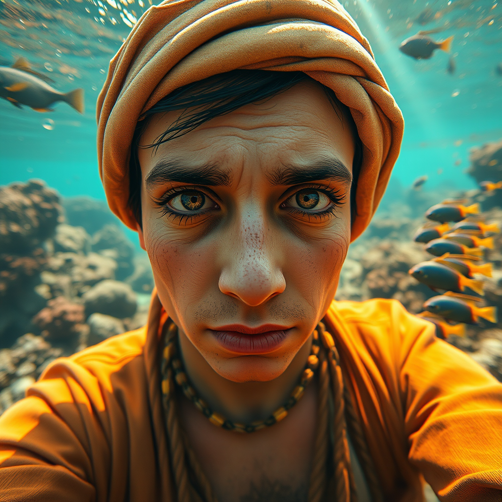 Realistic selfie image of a Coptic, wearing a vintage outfit, detailed dreamy eyes, droopy hooded eyes, staring at the camera, taken underwater at coral reef with a sunbeam filtering through the water, vibrant, summer vacation, natural lighting, turtle and school of tropical fish with vibrant colors, rendered in the style of CryEngine, Pegi Nicol MacLeod, with realistic genre scenes, hauntingly beautiful narratives, ultra-realism, and Thomas Saliot's close-up technique, 8K resolution, crystal clear and sparkling water.