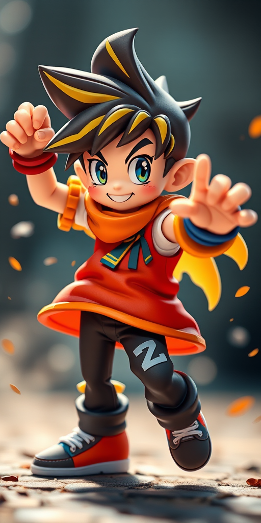 Create a high-resolution image of a stylized character with dynamic poses and vibrant colors, using a DSLR camera at f/1.8 aperture, 50mm lens, ISO 100, and a shallow depth of field for soft background focus, taken from a slightly low angle to emphasize the character's features and energy.