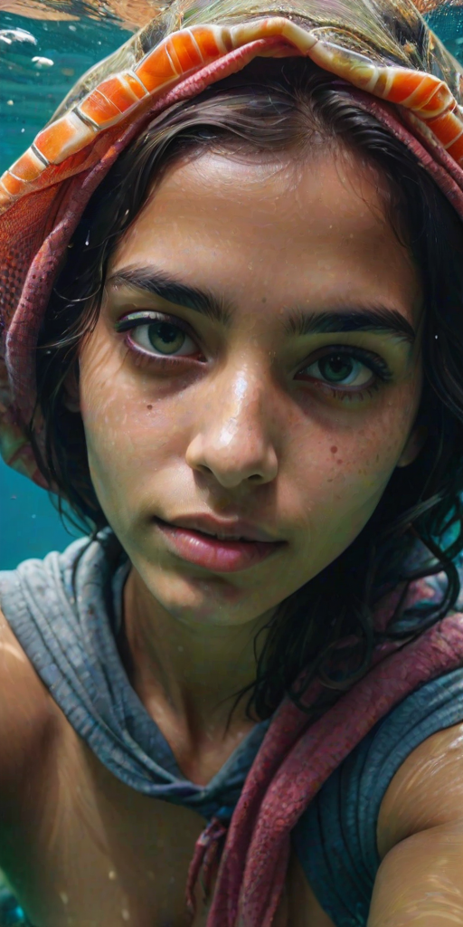 Realistic selfie image of a Sri Lankan, wearing a vintage outfit, detailed dreamy eyes, droopy hooded eyes, staring at the camera, taken underwater at coral reef with a sunbeam filtering through the water, vibrant, summer vacation, natural lighting, turtle and school of tropical fish with vibrant colors, rendered in the style of CryEngine, Pegi Nicol MacLeod, with realistic genre scenes, hauntingly beautiful narratives, ultra-realism, and Thomas Saliot's close-up technique, 8K resolution, crystal clear and sparkling water.