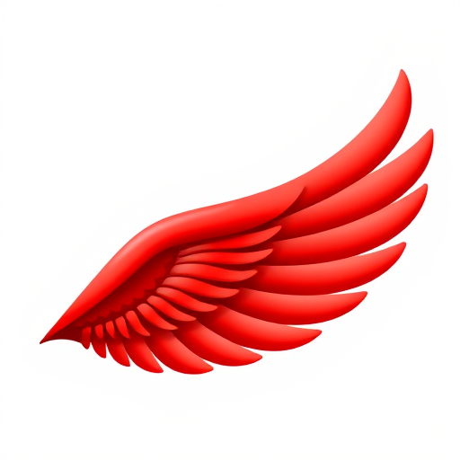 Create a high-resolution illustration of a stylized red wing with smooth curves, set against a plain white background, using a DSLR camera with a focal length of 50mm, aperture of f/2.8, ISO 100, and soft lighting for even exposure.