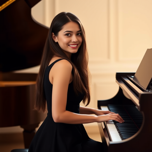 A young woman with long, dark hair smiles at the viewer as she sits at a grand piano, her right hand poised over the keys. The scene is lit by warm, natural light, highlighting the elegant simplicity of the woman's black dress. The perspective is from the side, emphasizing the contrast between the woman's delicate form and the grand scale of the piano. The ivory keys and dark wood of the piano create a striking visual contrast, further emphasized by the rich black of her dress.