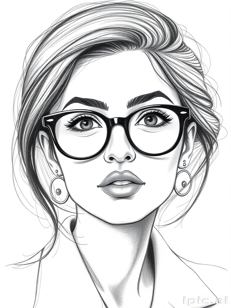 beautiful mia khalifa, pencil sketch, portrait of beautiful woman 60s in glasses, hair style beatnik, outline, clear lines, fine lines, 8k