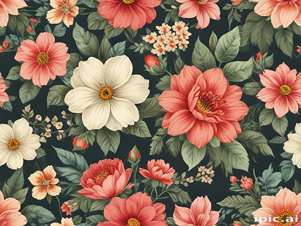 Vibrant Floral Pattern Featuring Various Colorful Flowers on Dark ...
