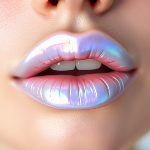 Iridescent pearl lips with a delicate, opalescent sheen, resembling the inside of a seashell for an ethereal, mermaid-inspired look