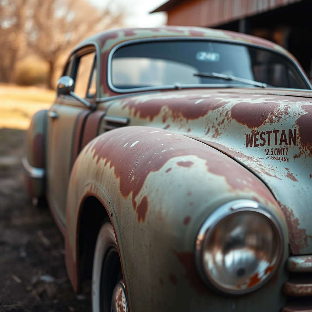 Regenerate an image of a vintage rusty car in an outdoor setting, captured with a Canon EOS R5, 35mm lens, f/2.8 aperture, 1/200 sec shutter speed, ISO 100, in soft morning light with a shallow depth of field for enhanced focus on the car details.