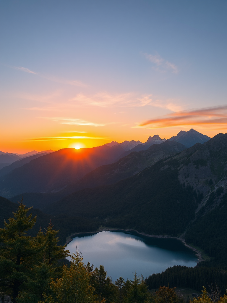 generate a high-quality image of a scenic landscape featuring a sunset over mountains with a lake in the foreground, camera settings: f/11, ISO 100, shutter speed 1/60s, camera view: wide-angle perspective, camera style: vibrant colors and sharp focus, camera type: DSLR