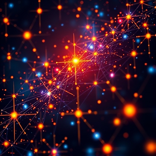 generate an intricate digital art representation of a cosmic network of vibrant stars and glowing connections, using a Canon EOS R5, 50mm f/1.8 lens, aperture at f/4, ISO 100, with a 1/125 second shutter speed, high-resolution and in a macro perspective to capture fine details and vivid colors.