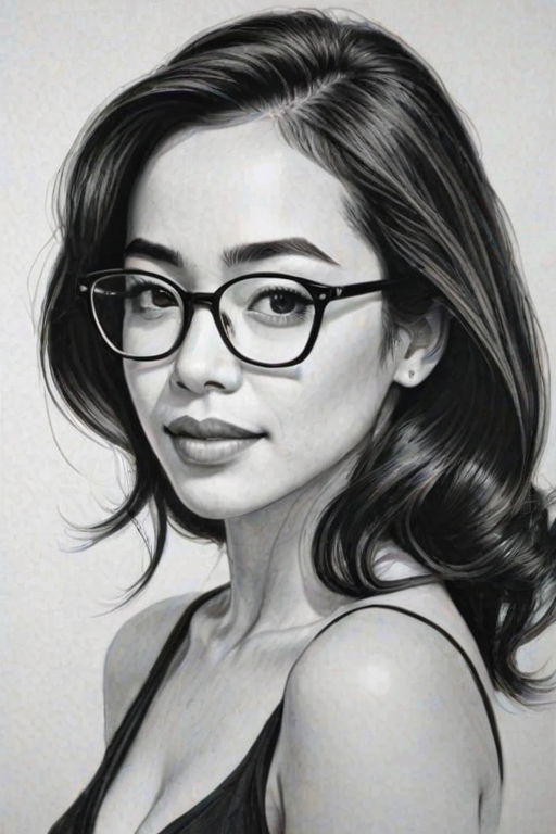 Stunning Aimee Garcia, pencil sketch, portrait of Dazzling woman 1953s in glasses, hair style beatnik, outline, clear lines, fine lines, 8k