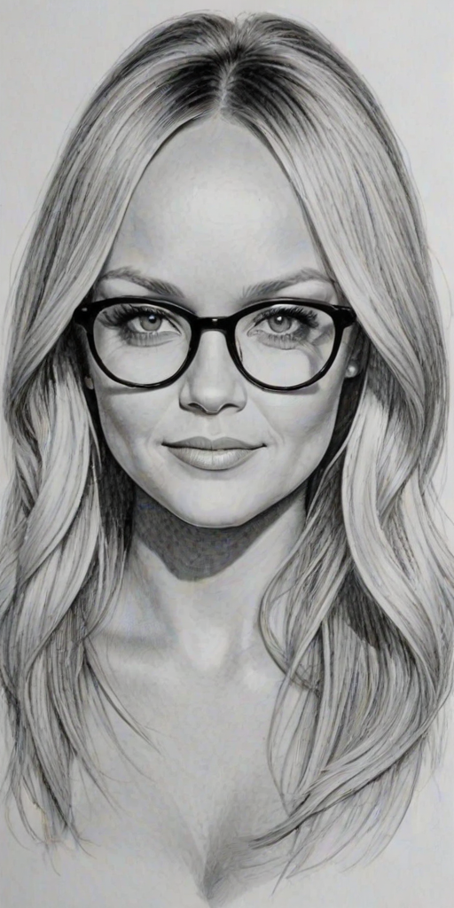 Enchanting Emma Bunton, pencil sketch, portrait of Magnificent woman 1974s in glasses, hair style beatnik, outline, clear lines, fine lines, 8k