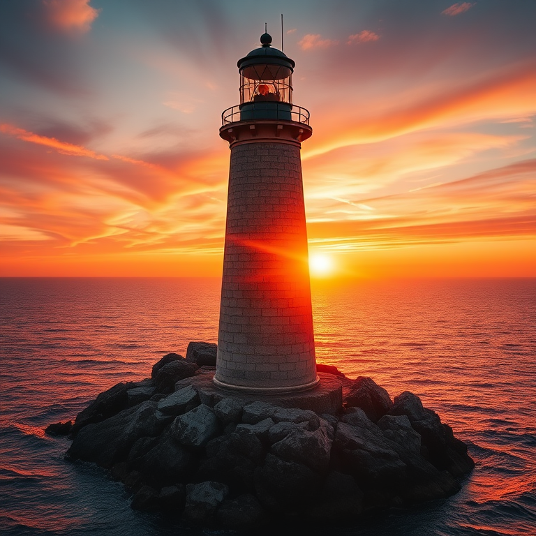 Generate an image of a tall lighthouse perched on a rocky outcrop surrounded by calm ocean waters during a breathtaking sunset. The lighthouse stands sturdy and weathered, its stone surface illuminated by the warm golden light of the setting sun. The sun's rays pass directly through the glass lantern room at the top of the lighthouse, casting a brilliant light across the scene. The sky is painted with vibrant shades of orange, pink, and purple, reflecting off the tranquil sea. The surrounding water shimmers with the same warm hues, creating a serene and majestic atmosphere.