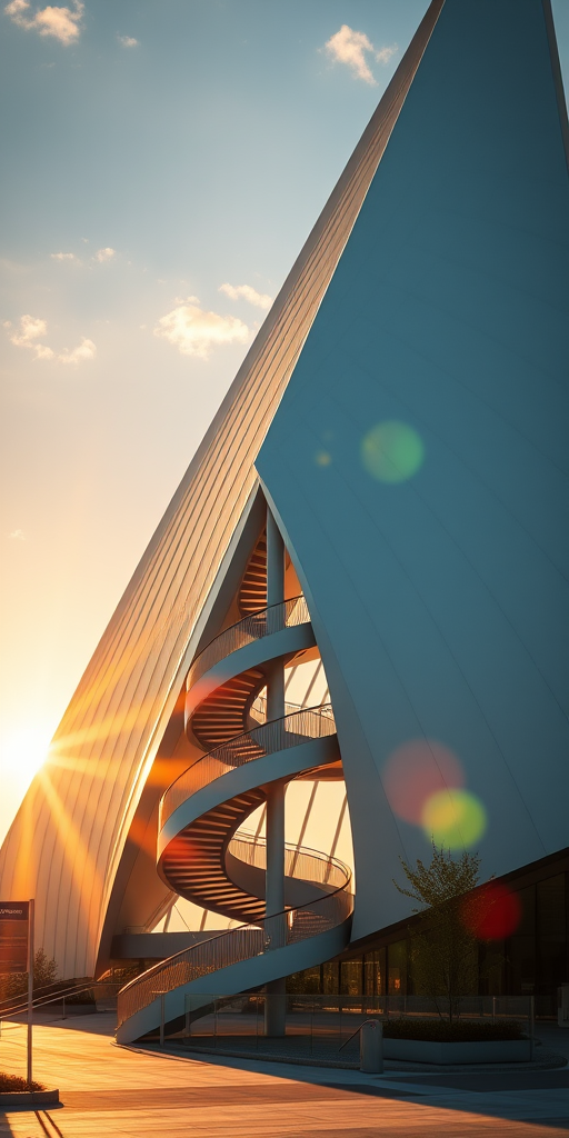 High-resolution image of a modern architectural structure resembling a sail with a spiral staircase, captured during golden hour with sunlight creating lens flares, using a Canon EOS R5, f/8 aperture, ISO 100, 24mm focal length, soft focus and vibrant colors.