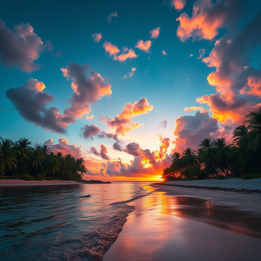 Tropical beach scene at sunset with vibrant colors reflecting in the water, palm trees lining the shoreline, clouds illuminated by the setting sun, shot with a DSLR camera, ISO 100, f/8, 1/200s, wide-angle lens, landscape orientation.