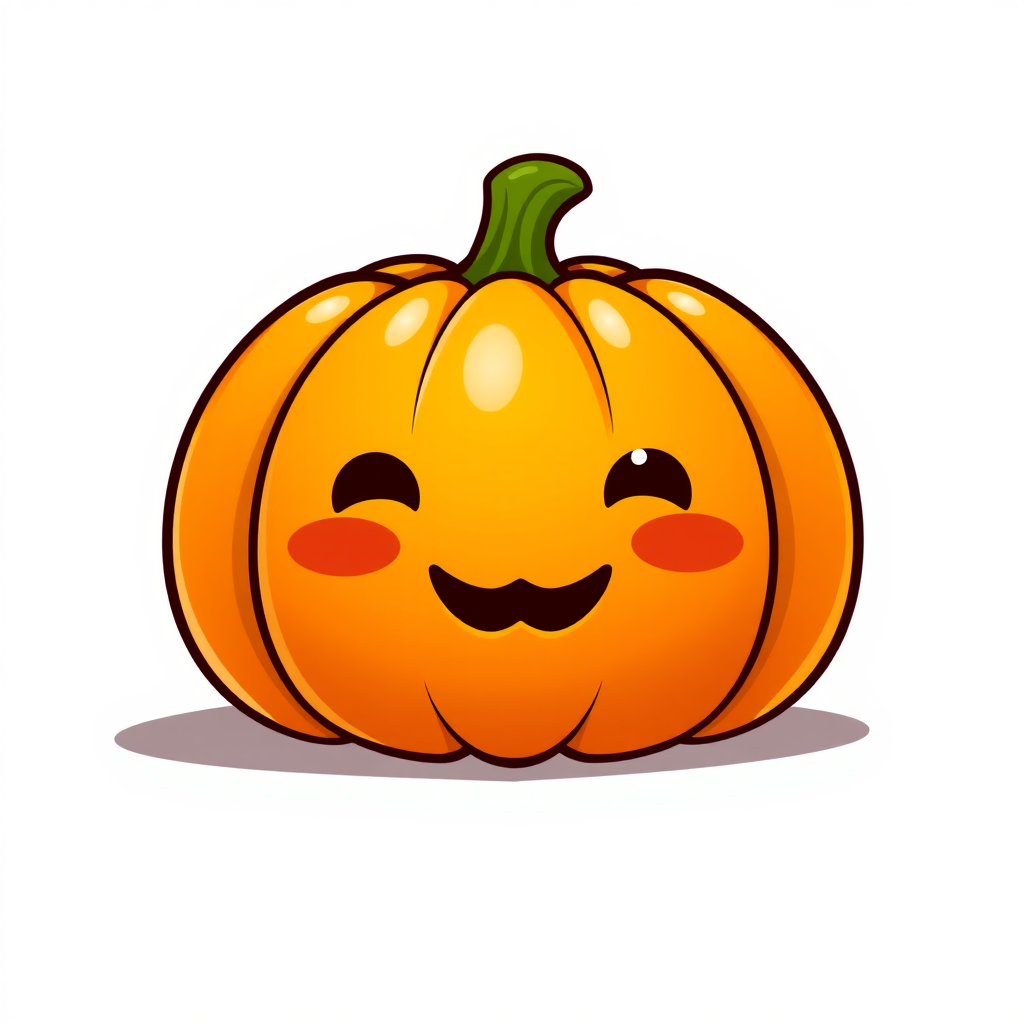 Create a kawaii-style pumpkin with a cheerful, happy face and rosy cheeks. The pumpkin should be vibrant orange with a shiny texture. Design it to be cute and playful, ideal for a light-hearted Halloween or autumn theme, with a simple and whimsical expression.