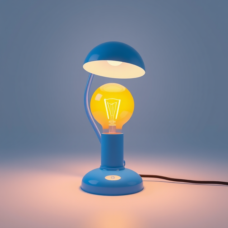 Render a blue desk lamp with a round base and a yellow bulb, high resolution, 50mm lens, f/1.8 aperture, ISO 100, soft lighting, captured from a low angle to emphasize the lamp's design.