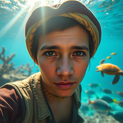 Realistic selfie image of a Mapuche, wearing a vintage outfit, detailed dreamy eyes, droopy hooded eyes, staring at the camera, taken underwater at coral reef with a sunbeam filtering through the water, vibrant, summer vacation, natural lighting, turtle and school of tropical fish with vibrant colors, rendered in the style of CryEngine, Pegi Nicol MacLeod, with realistic genre scenes, hauntingly beautiful narratives, ultra-realism, and Thomas Saliot's close-up technique, 8K resolution, crystal clear and sparkling water.