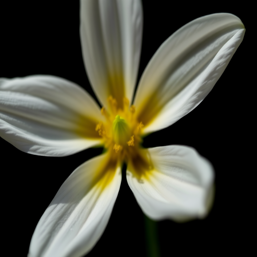 Close-up shot of a white flower with yellow center against a black background, aperture f/2.8, shutter speed 1/100s, ISO 100, macro lens, DSLR camera, soft natural lighting.