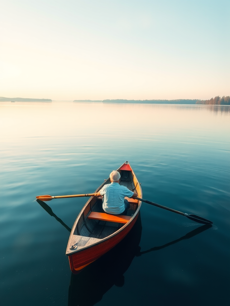 Create a watercolor style image of a person rowing a boat on a calm lake, captured with a DSLR camera at 50mm, f/5.6 aperture, ISO 100, with soft lighting and a slight vignette effect for enhanced depth.