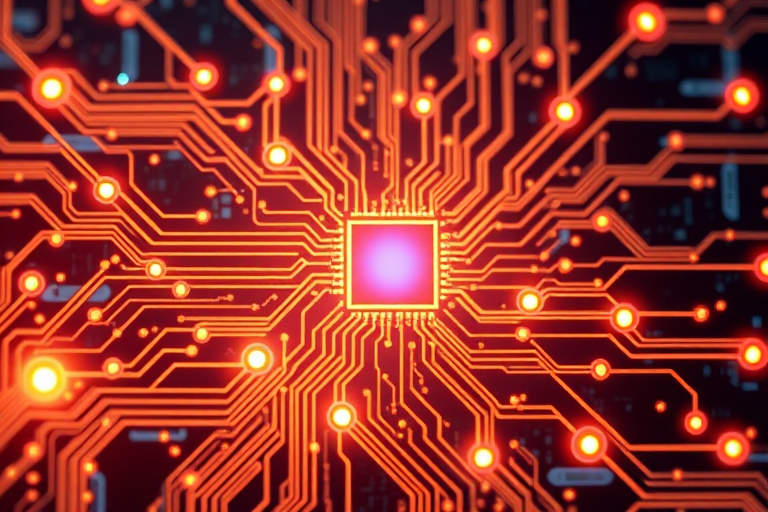 Create a high-resolution image of an abstract digital circuit with glowing nodes and intricate patterns, using a DSLR camera with a 50mm lens, f/1.8 aperture, ISO 100, and a shallow depth of field to achieve a vibrant, futuristic look from a top-down view.