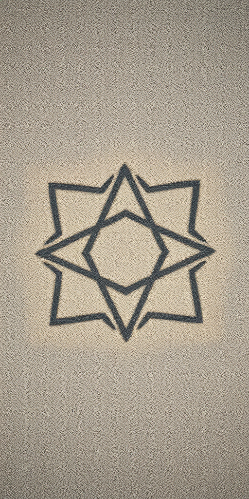 Generate an image of a stylized geometric pattern on a textured background using a DSLR camera with a 50mm lens, aperture f/1.8, ISO 100, natural lighting, top-down view, in high resolution, ensuring vibrant colors and sharp details.