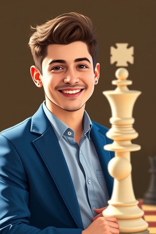 Create a high-resolution digital illustration of a young man with a friendly expression, dressed in a blue suit with a light shirt, standing in front of a chessboard, featuring a prominent white king piece, using a Canon EOS R5 camera, with a 50mm lens at f/1.8, 1/200s shutter speed, ISO 100, in natural light for enhanced clarity and detail.