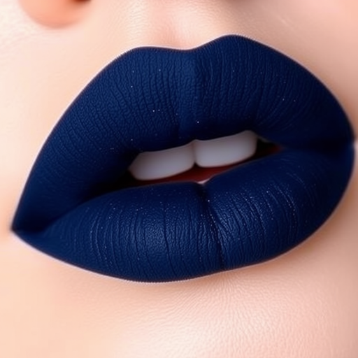 Deep navy blue lips with a matte suede texture and subtle navy shimmer, named "Midnight Velvet Sky"