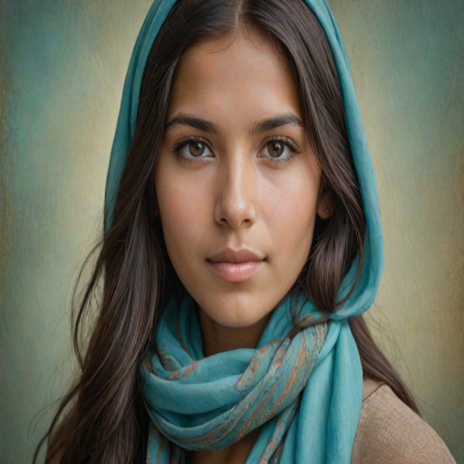 Create a portrait of a young Inca female with long, dark hair and captivating hazel eyes. She is wearing a cyan headscarf and a matching scarf draped gracefully around her neck. The background is softly blurred, focusing attention on her serene and natural expression. The overall color palette is muted and warm, enhancing the intimate and authentic feel of the portrait.