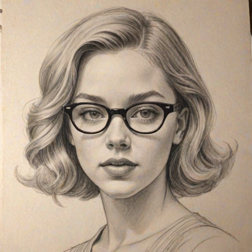 Wonderful Sydney Sweeney, pencil sketch, portrait of Alluring woman 1932s in glasses, hair style beatnik, outline, clear lines, fine lines, 8k