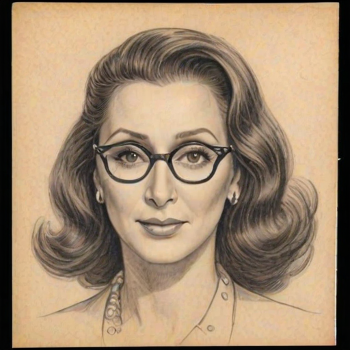 Radiant Cher, pencil sketch, portrait of Pleasing woman 1936s in glasses, hair style beatnik, outline, clear lines, fine lines, 8k