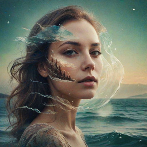 this photo is Book cover, A surreal double exposure portrait that blends a woman's face with a beautiful seascape. The overall mood is dreamy and mystical, with rich colors and intricate details