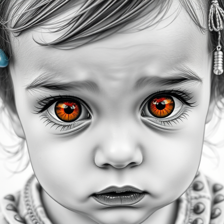 A hyperdetailed photorealistic black and white sketch of a beautiful toddler with deep orange eyes, with a macro focus