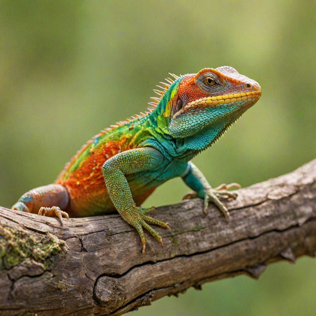 generate an image of a colorful lizard with textured skin resting on a wooden branch surrounded by a blurred green background
