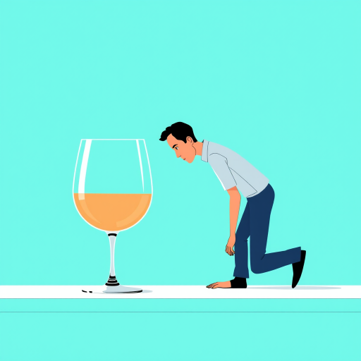 Create a minimalist illustration of a man crawling towards a large wine glass on a flat surface with a solid teal background, using a 50mm lens at f/2.8, 1/100s shutter speed, and ISO 100 for crisp detail and vibrant colors, captured in a digital style.