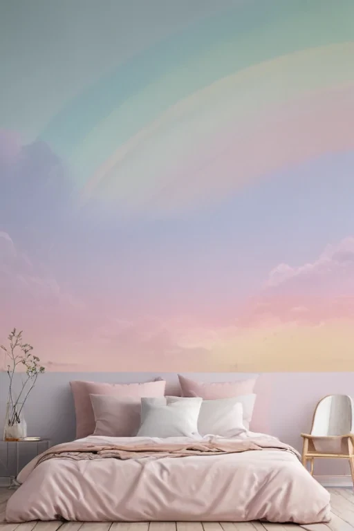 Serene Bedroom Retreat with Soft Pastel Colors and Dreamy Rainbow Mural